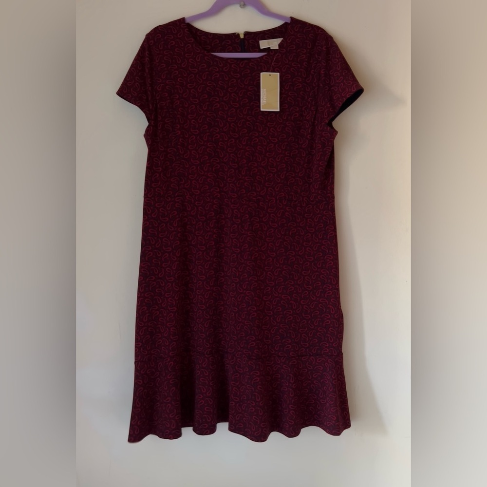 NWT Michael Kors Women's Burgundy Blue Paisley Print Short Sleeve Dress XL - Picture 2 of 8